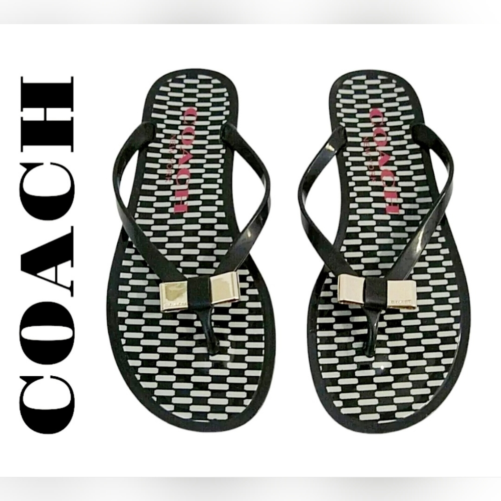 Coach Landon Women Patterned Jelly Thong Flip Flops Black/Ivory Logo Bow US 8.5 - Picture 5 of 16